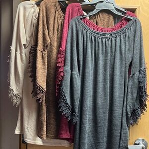 Elegant Lace Trim Women's Tops - Gray, Brown, Cream, and Red